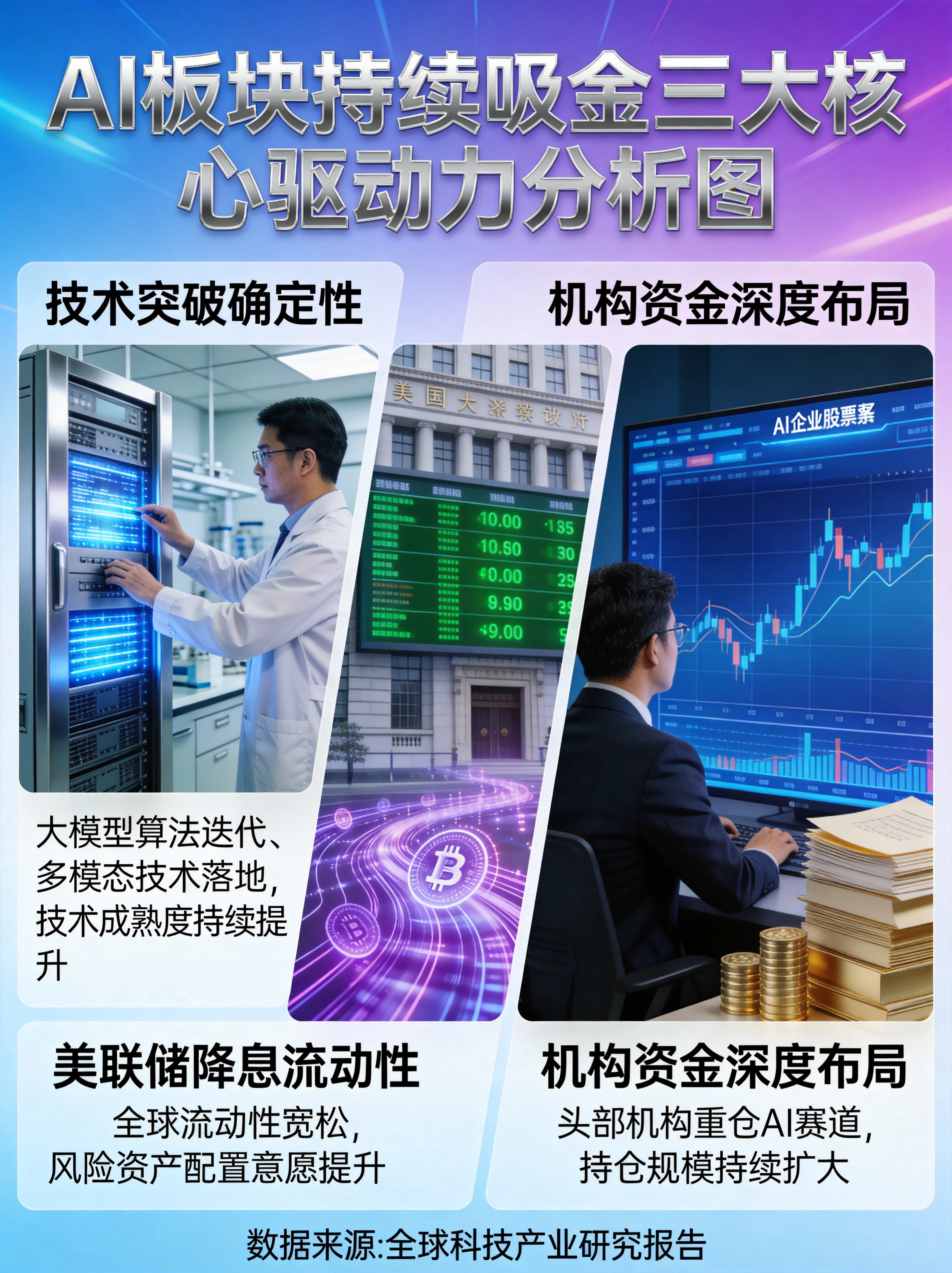  AI板块持续吸金三大核心驱动力分析图，技术突破确定性、美联储降息流动性、机构资金深度布局三大维度
